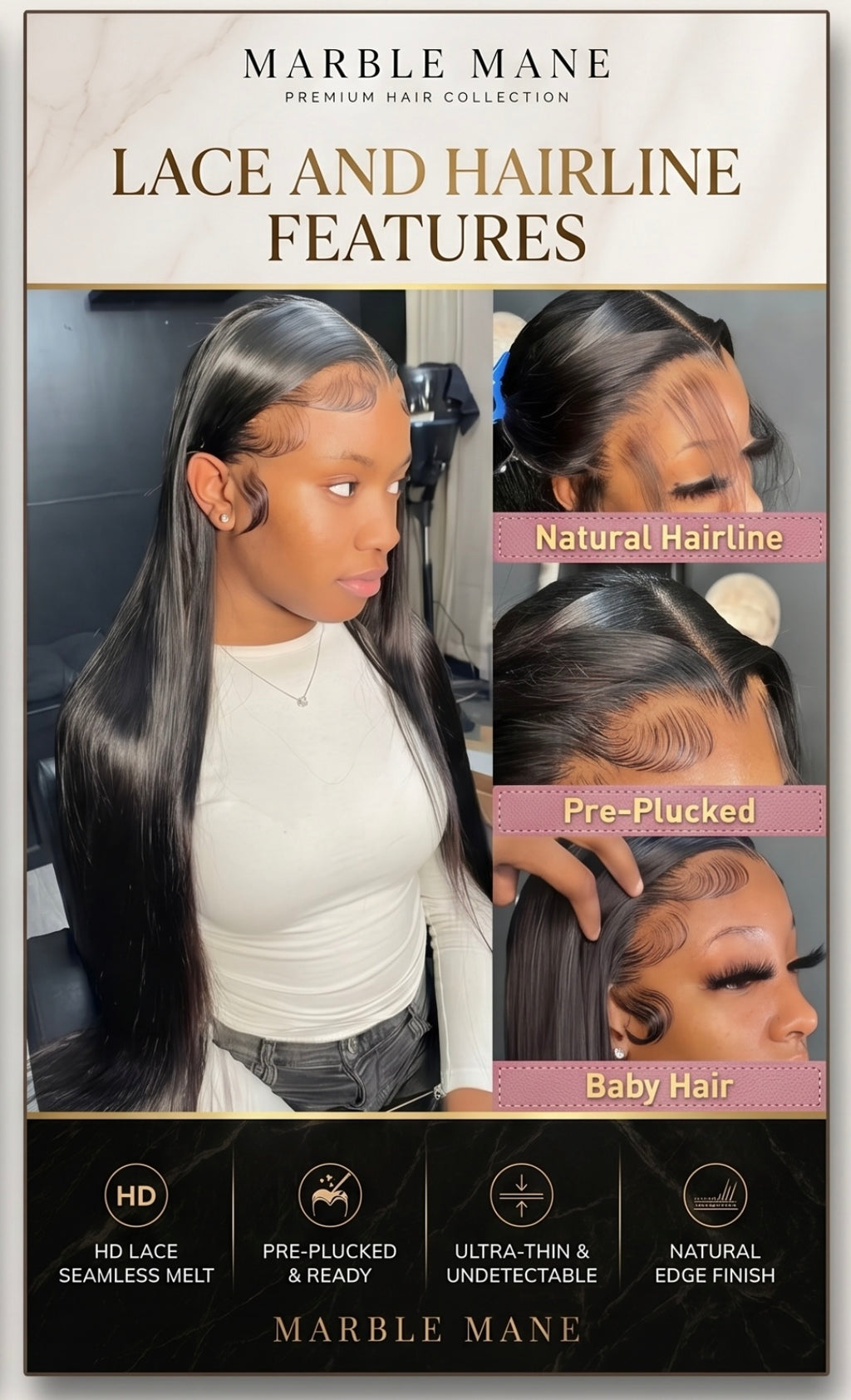 "Wear & Go" Glueless HD Lace Frontal Wig – 220% Density Bone Straight Human Hair