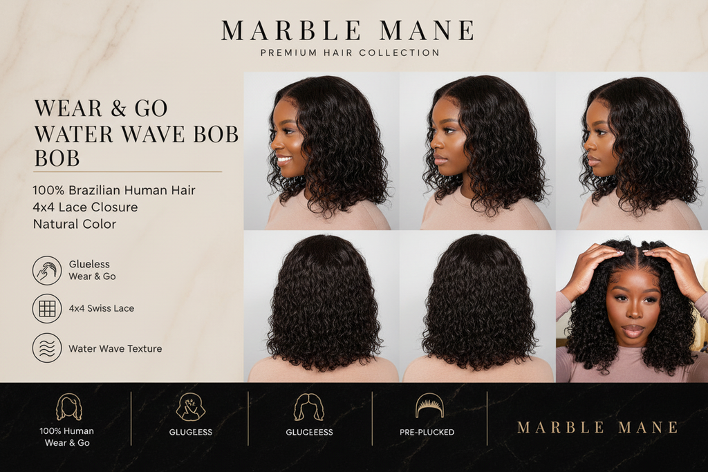 "Wear & Go" Water Wave Bob – 100% Brazilian Human Hair 4x4 Lace Closure Wig