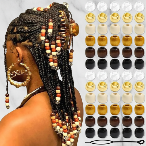 60-Piece Luxury Hair Bead Set – Transparent & Wooden Beads with Beading Tool